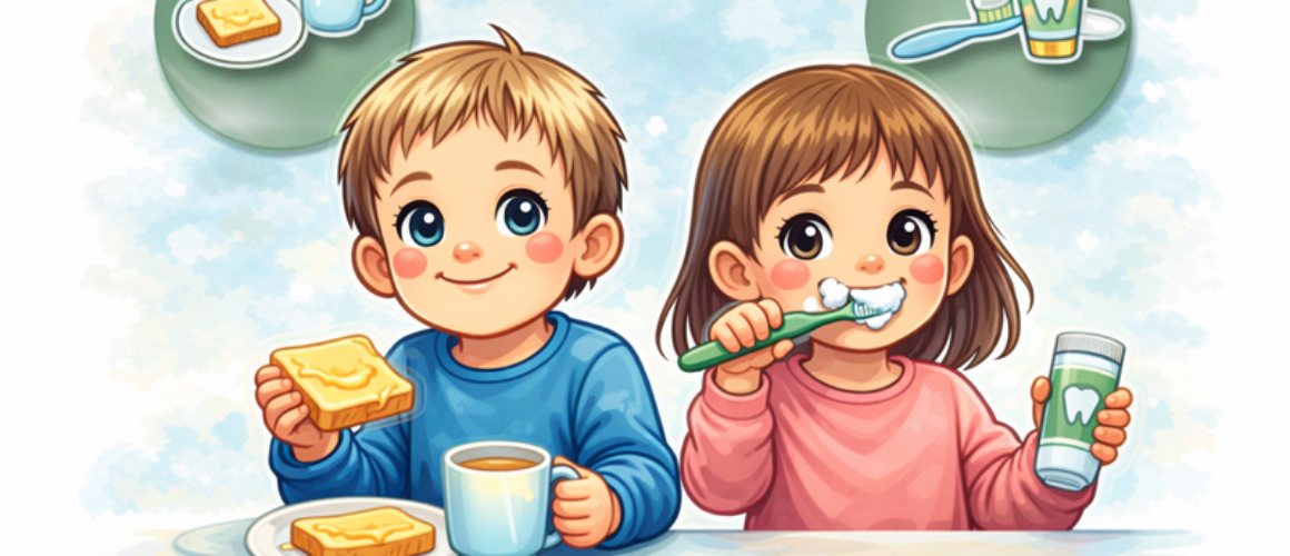 Kinder frühstücken und putzen Zähne