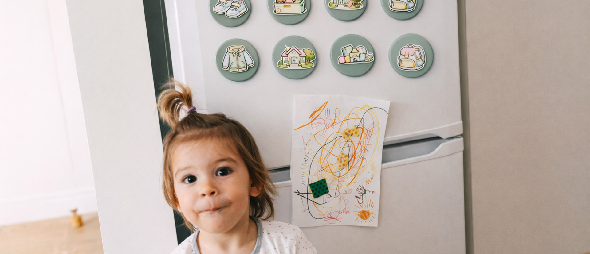 Kind steht am Kühlschrank