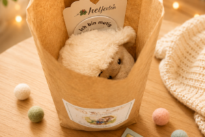 Blick ins Innere MutPaket mit Hasen Kuscheltier in einer Wundertüte