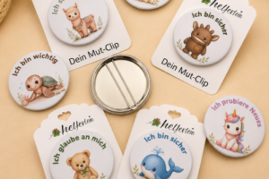 Mut-Clips mit Rückseite Buttons, Karten und kleine Geschenke aus einem MutPaket