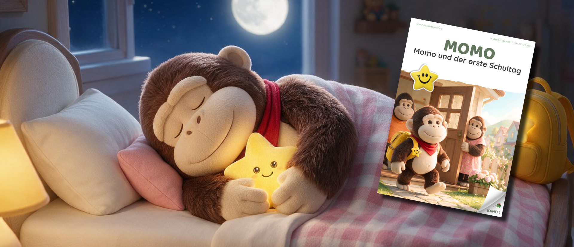 Kind liest gemeinsam mit Momo eine Mutmachgeschichte zum Schulstart
